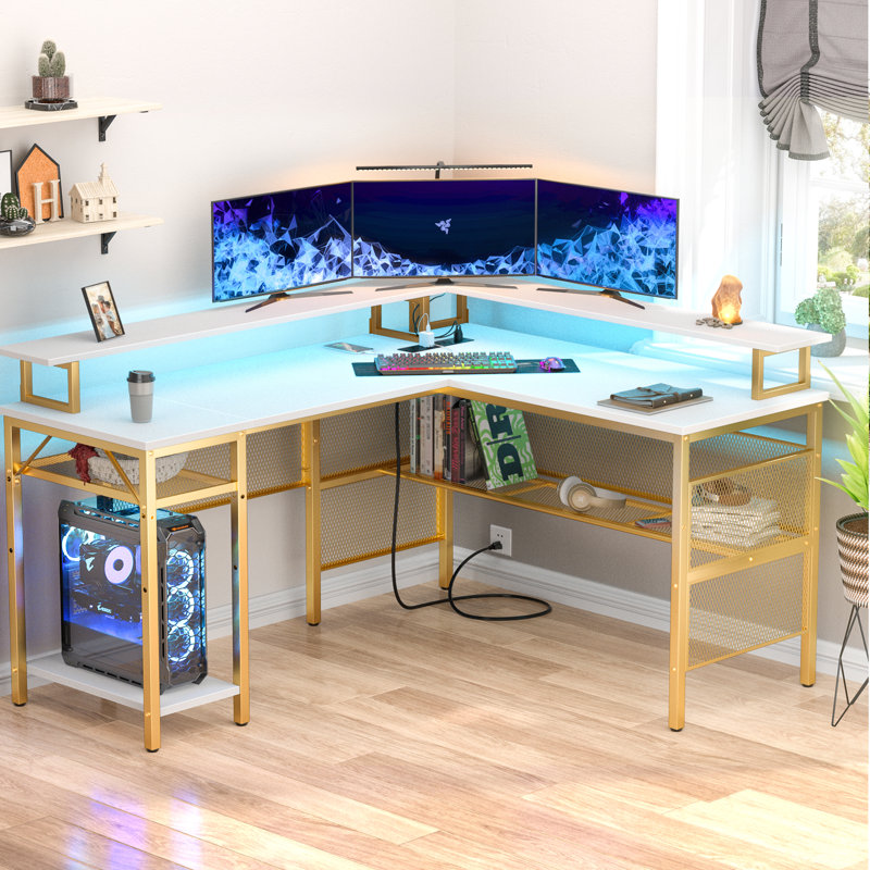 17 Stories Aranson 55 L shaped Computer Desk with Shelves Writing Desk with Full Monitor Stand Corner Desk with LED Lights Gaming Desk Desks